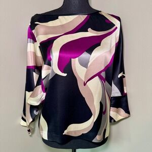 Trina Turk Womens 100% Silk Abstract Swirl Boat Neck Dolman Top Black Magenta S